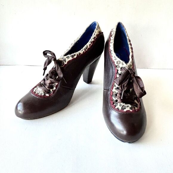 Poetic License Shoes Leopard Print Heels Retro Style Lace Up - Picture 1 of 9